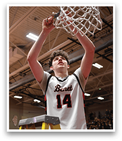 A basketball player holds up a trophy on a ladder. AI generated content