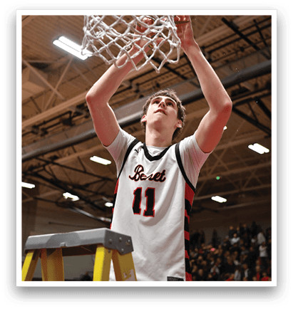 A basketball player is holding up a net with his hands, celebrating a victory. AI generated content