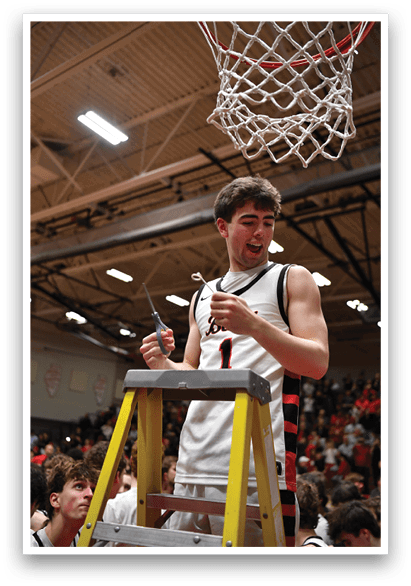A man is standing on a ladder to fix a basketball net. AI generated content