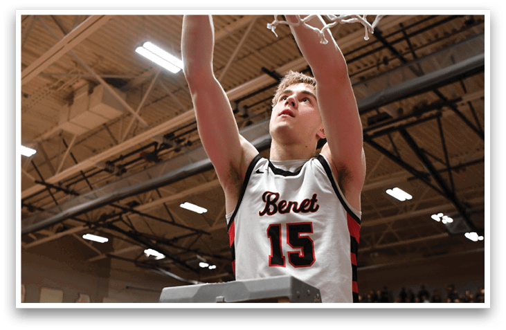 A man is holding a basketball hoop up to his face, with his teammates standing on a ladder behind him. AI generated content