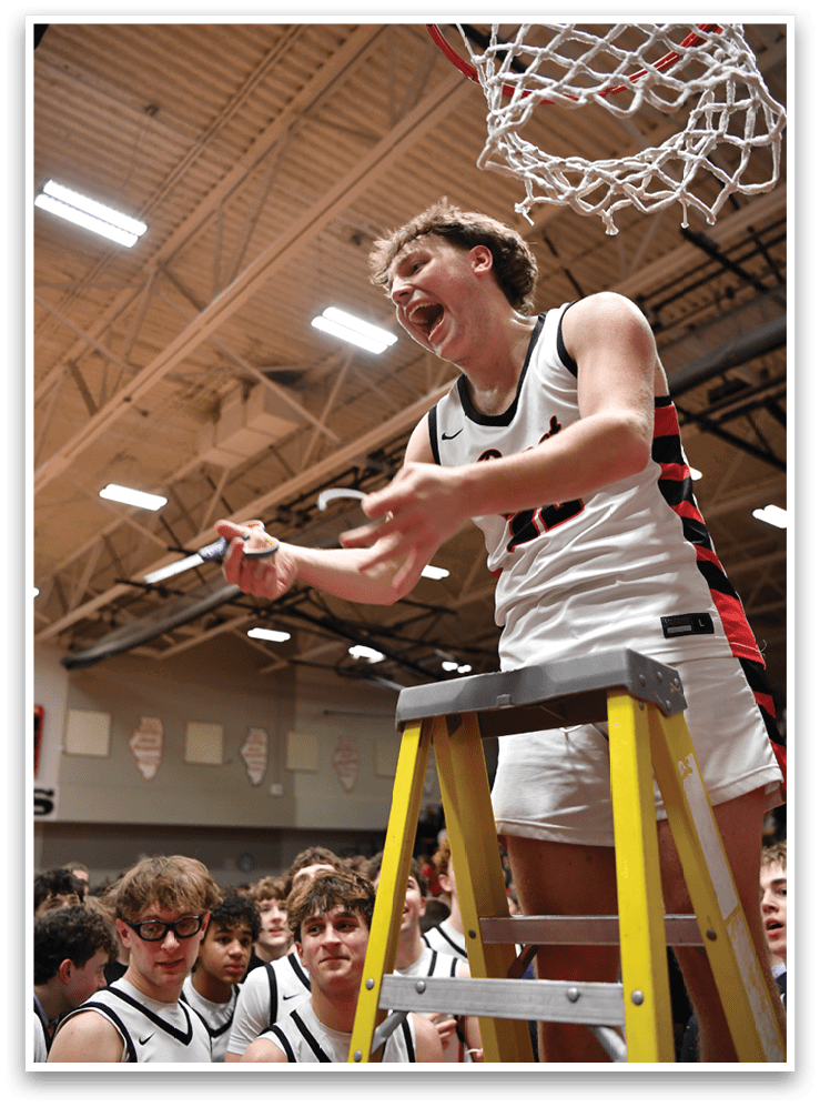 A man is standing on a ladder holding a basketball, with a group of people watching him. AI generated content