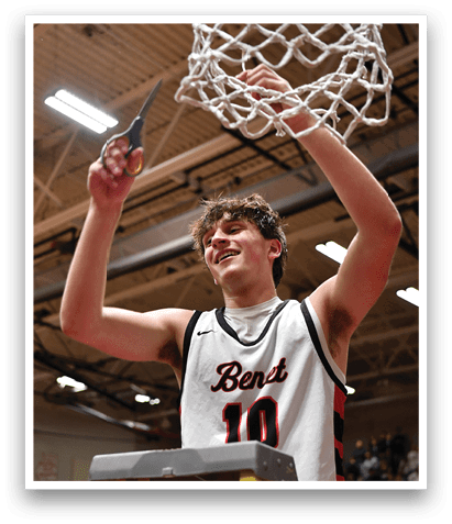 A man wearing a basketball jersey holds up a trophy. AI generated content