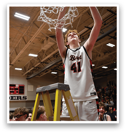 A basketball player is holding up a net in front of a crowd. AI generated content