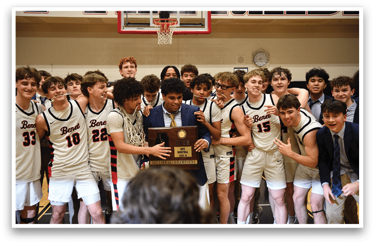 A group of young men pose with a trophy on a basketball court. AI generated content