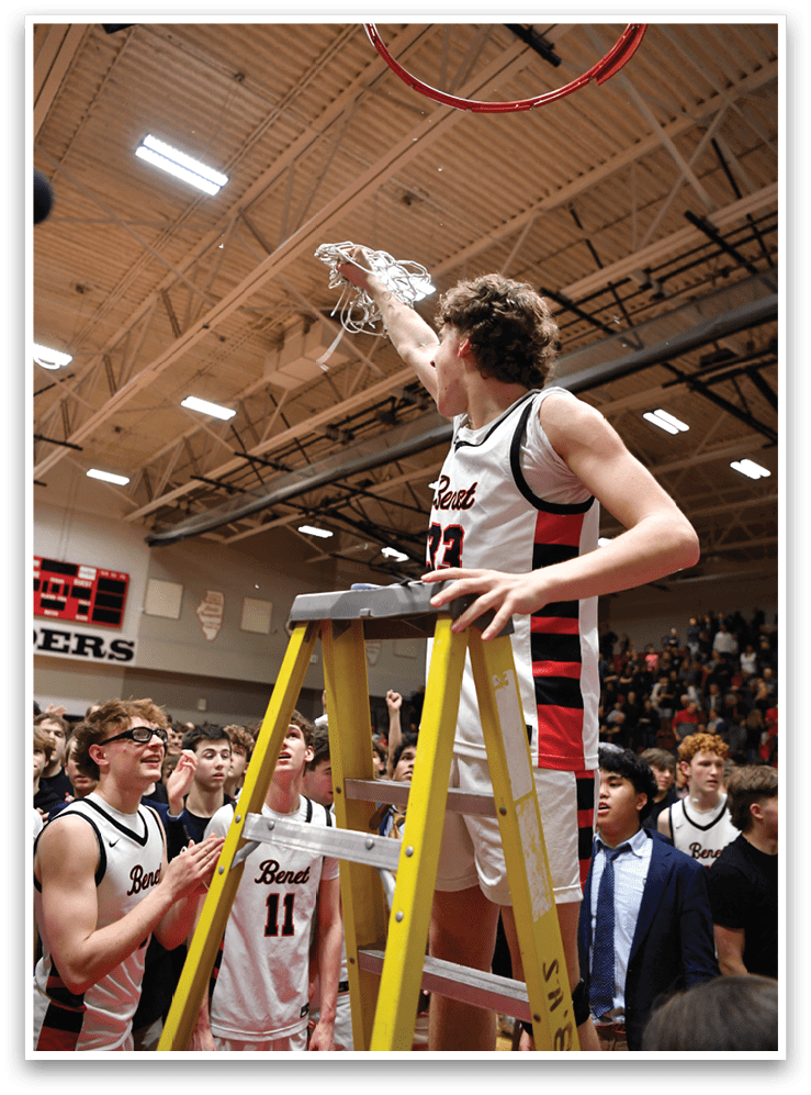 A basketball player is holding a trophy while standing on a ladder. AI generated content