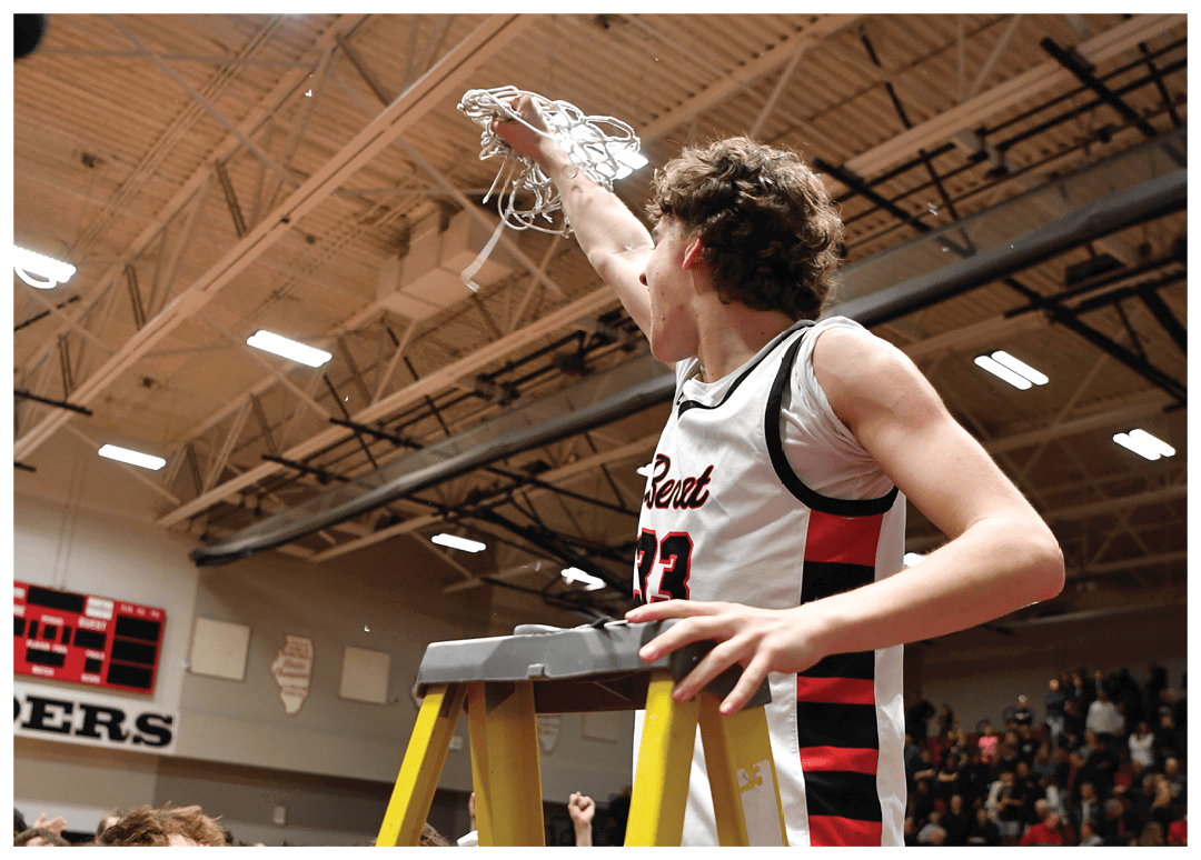 A basketball player is holding a trophy while standing on a ladder. AI generated content