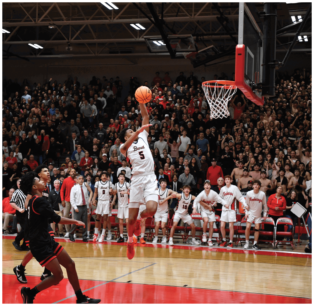 A basketball player is jumping in the air to shoot a basket. AI generated content