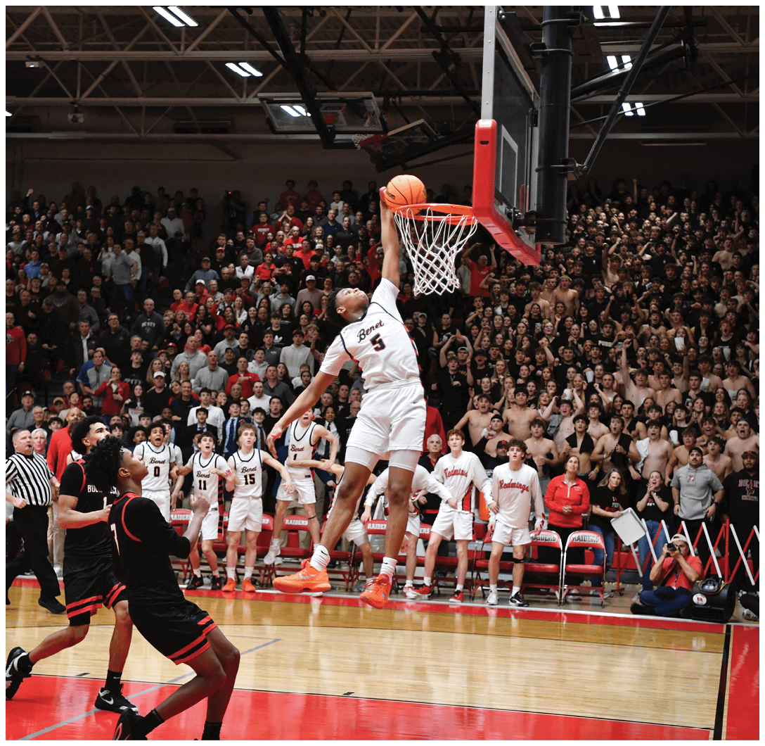 A basketball player is jumping in the air to dunk the ball. AI generated content