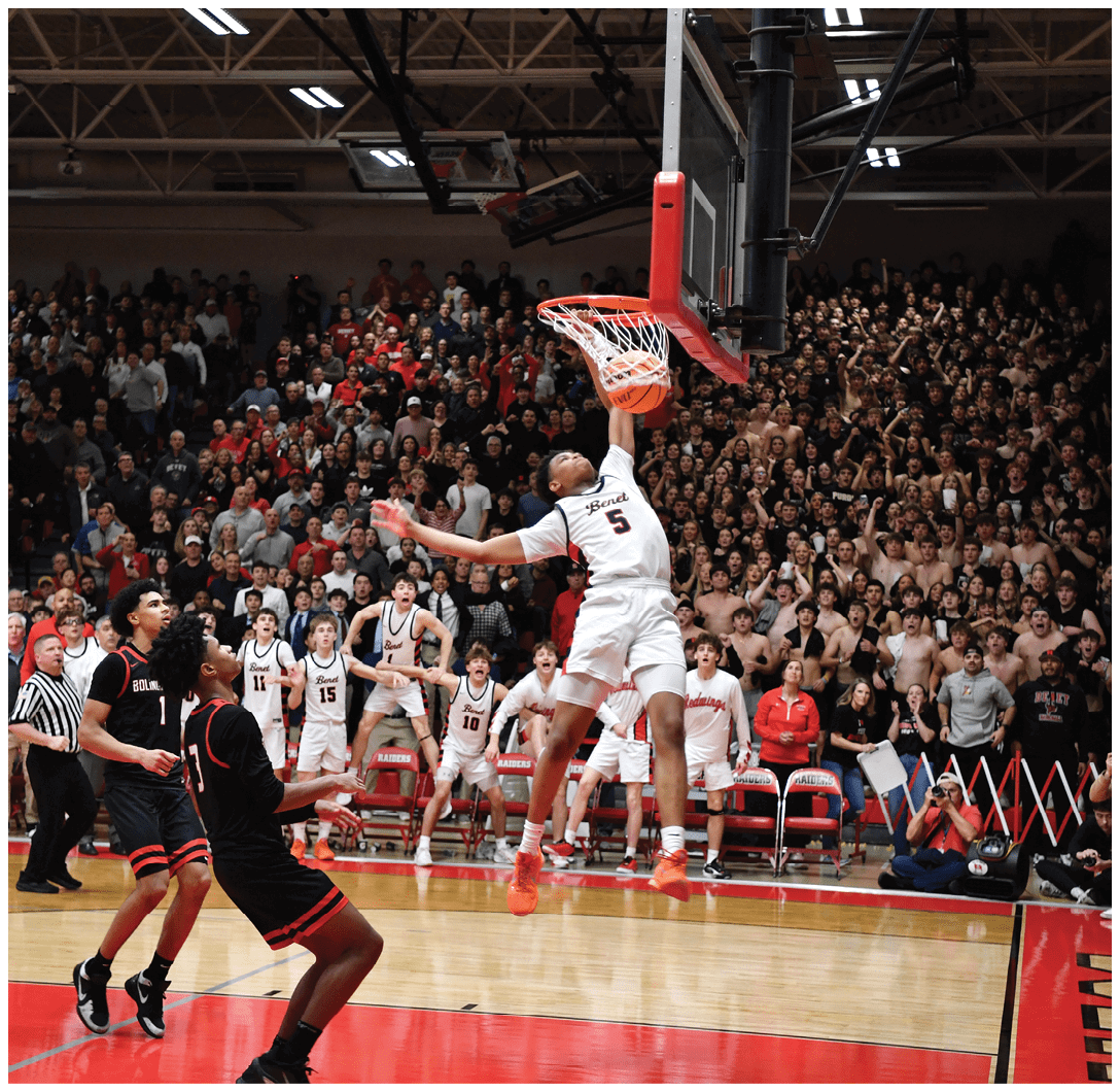 A basketball player is jumping in the air to dunk the ball. AI generated content