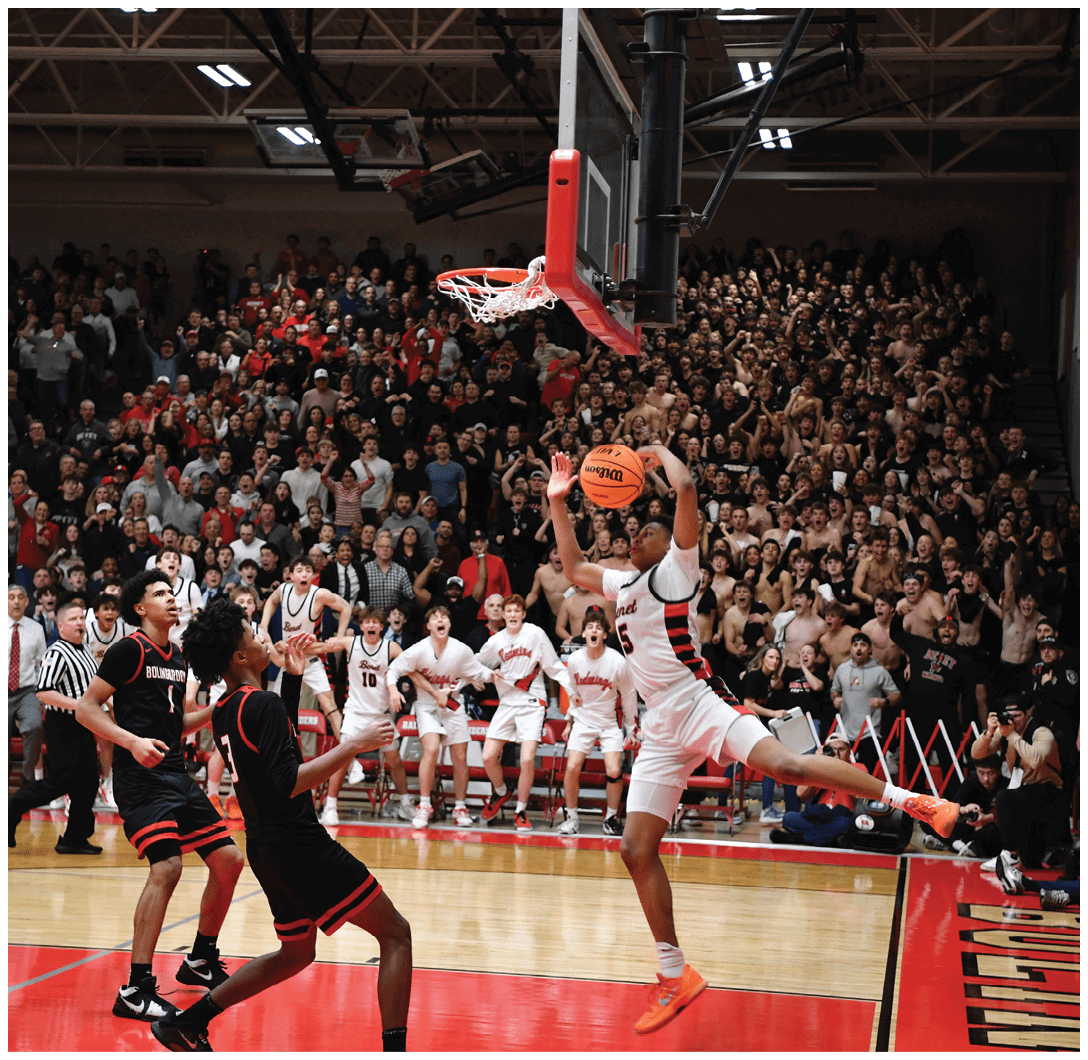 A basketball player is jumping in the air to make a basket. AI generated content