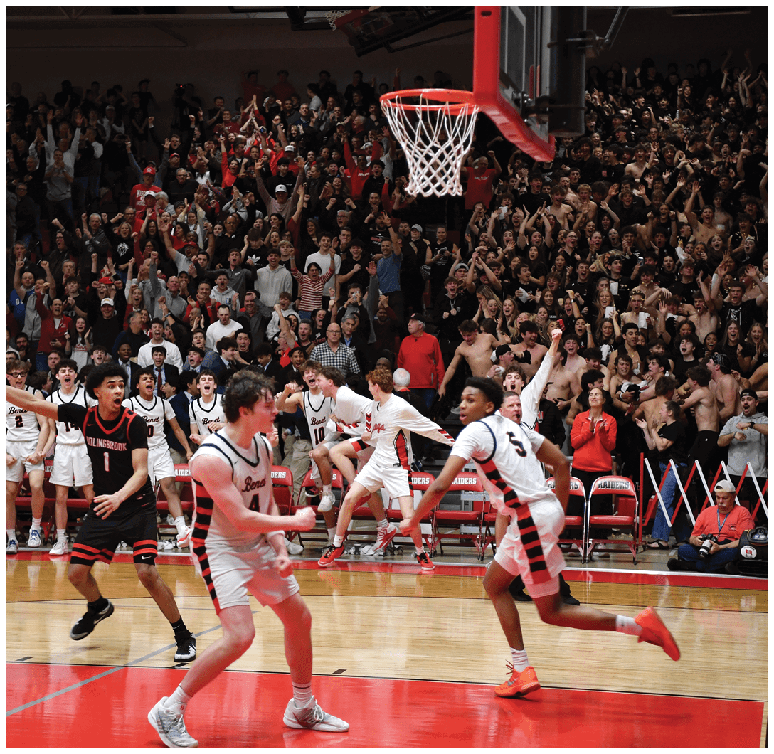 A basketball game is taking place with a crowd of people watching. The players are actively engaged in the game, with one player attempting to shoot the ball. The audience is excited and cheering for their favorite team. AI generated content