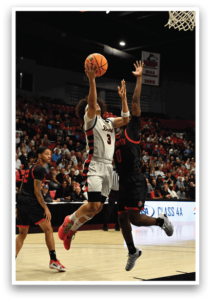 A basketball player leaps in the air to block a shot, while other players look on. AI generated content