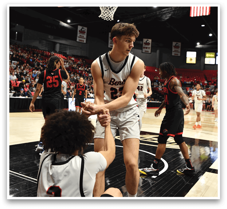 Basketball players on a court with one player holding another player's hand. AI generated content