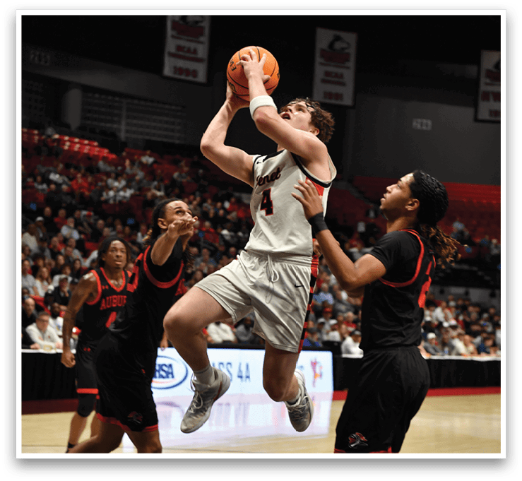 A basketball player is leaping in the air to block a shot. AI generated content