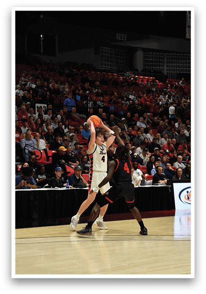 Basketball players on a court, one player is holding a basketball. AI generated content
