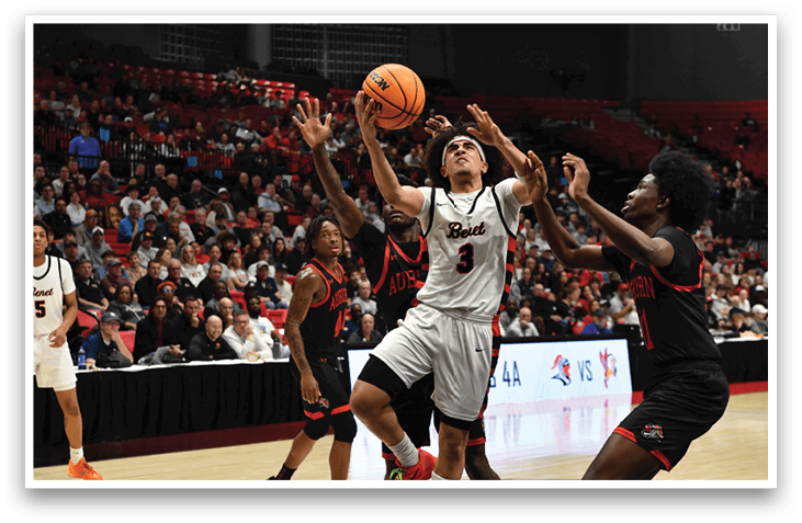 Two basketball players are playing for the ball, with one player attempting to block the other's shot. AI generated content