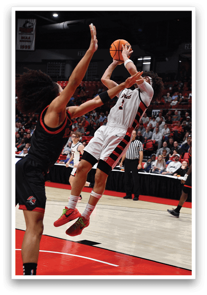 Two basketball players are fighting for the ball, with one player jumping in the air to gain possession. The crowd is watching the intense play. AI generated content