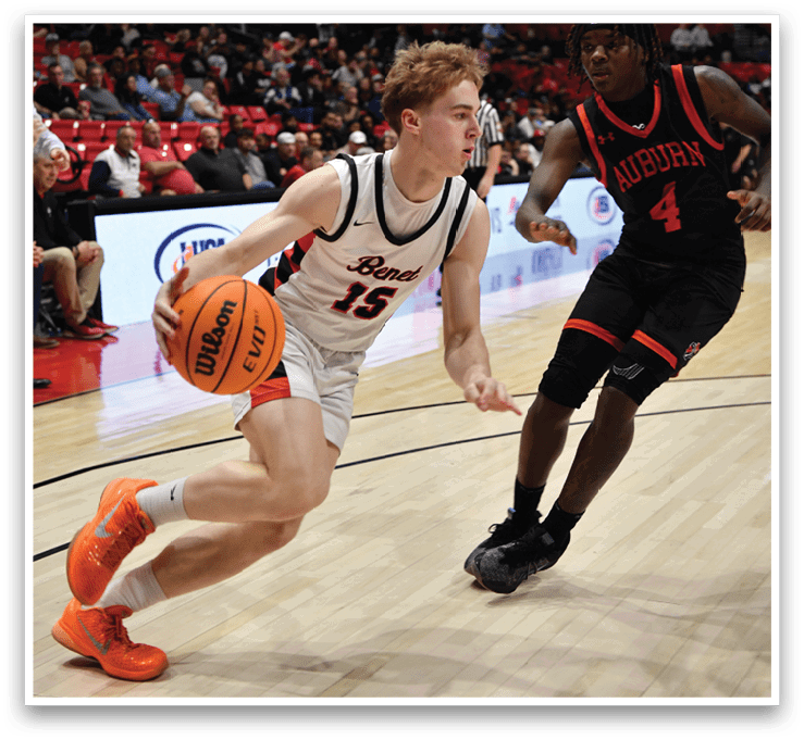 Two men are playing basketball, one of them is wearing a black jersey and the other is wearing a white jersey. The man in the black jersey is trying to steal the ball from the man in the white jersey. AI generated content