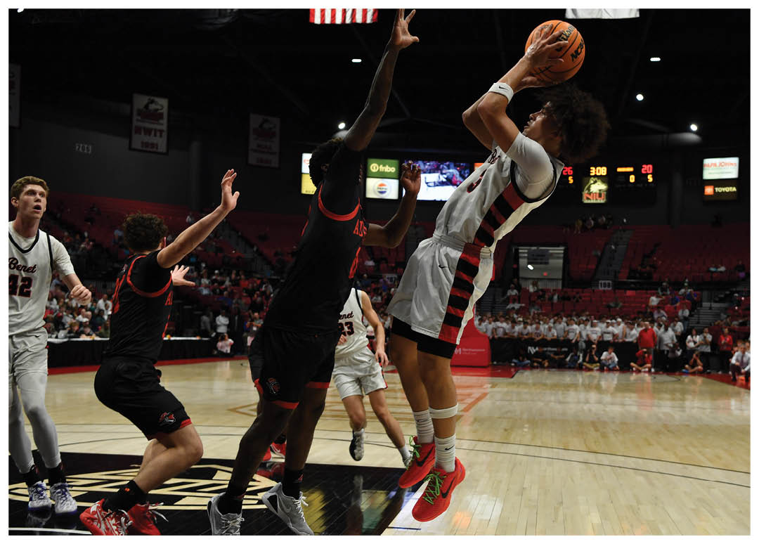 A basketball player is attempting to block a shot during a game. AI generated content