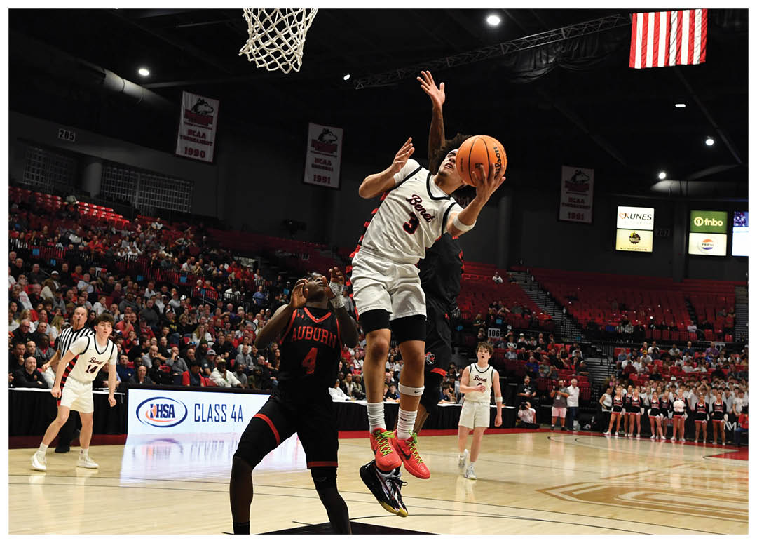 A basketball player leaps into the air to block a shot. AI generated content