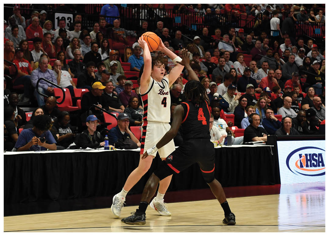 Basketball players on a court, one player is holding a basketball. AI generated content