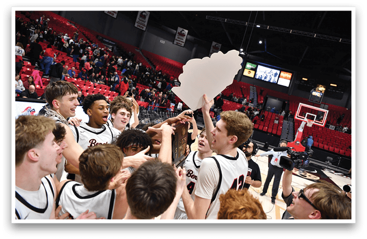 A group of people celebrating a victory on a basketball court. AI generated content