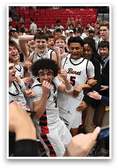 A group of people celebrating a victory, with one man holding a sign that says “Beat the Cougars." AI generated content