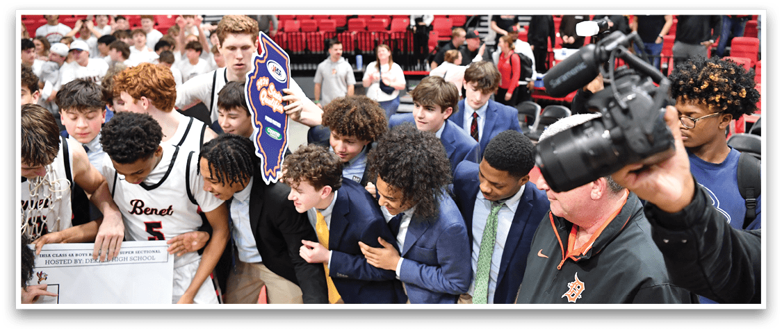 A group of people are gathered in a stadium, some holding up signs. A man in a suit is holding a cell phone. AI generated content