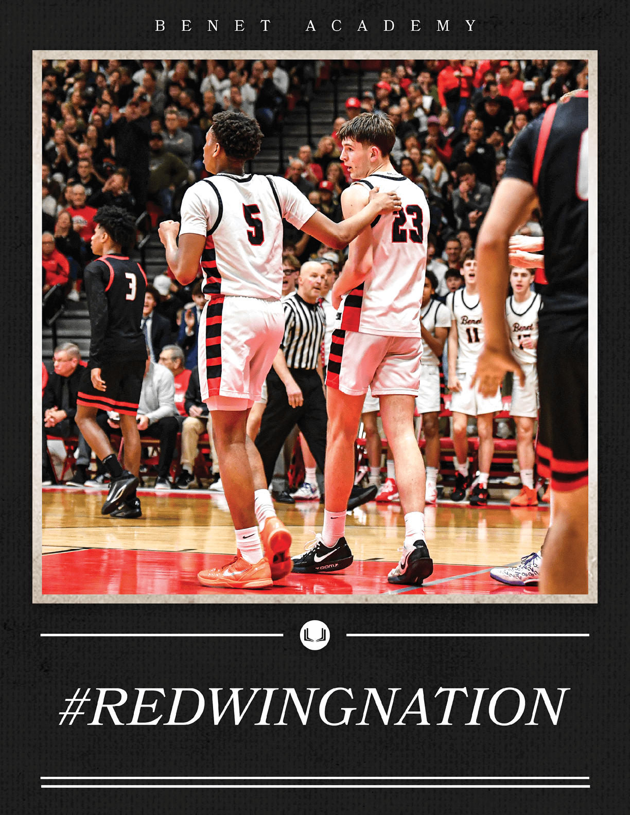 Basketball players wearing red and white uniforms are on the court. AI generated content