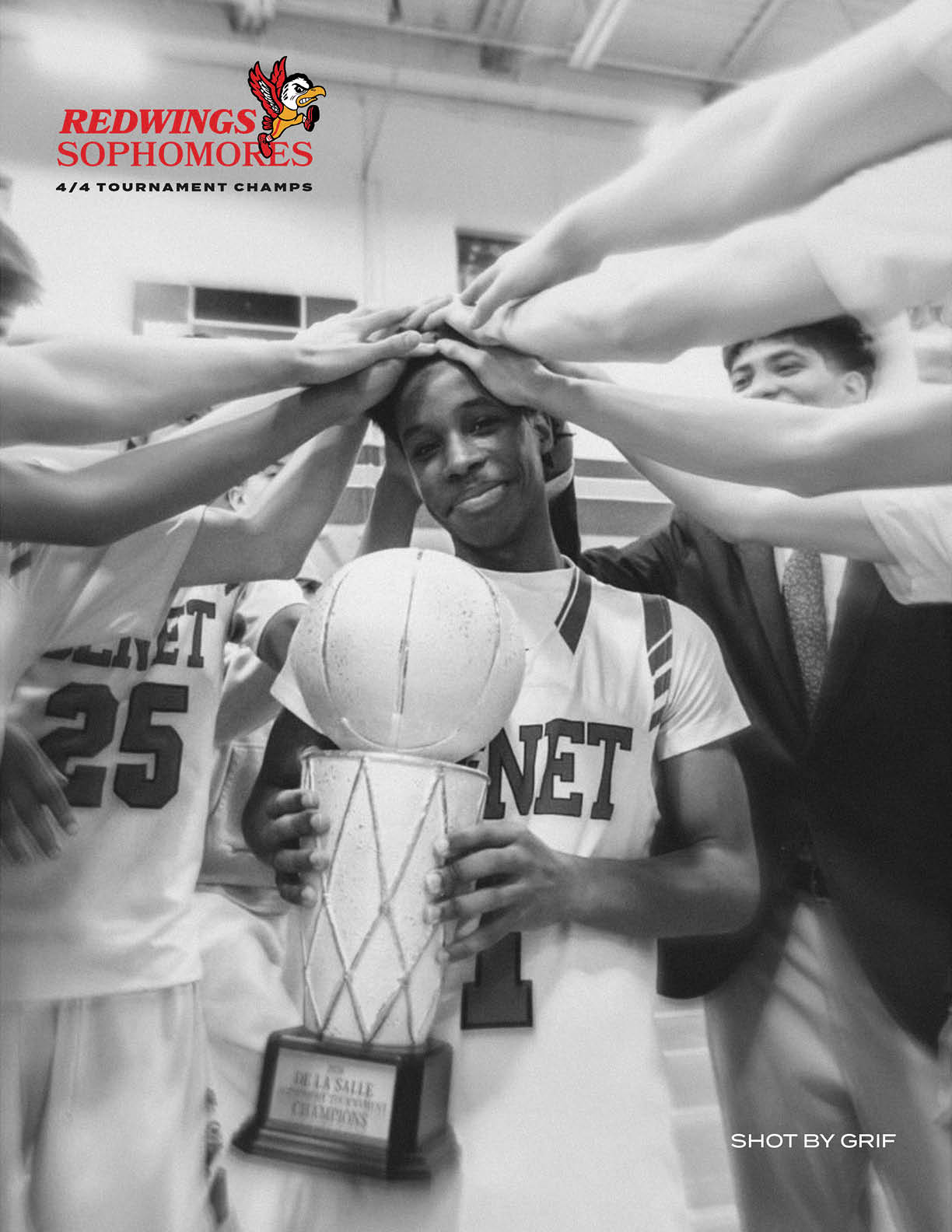 A young man holds a trophy with his teammates surrounding him. AI generated content