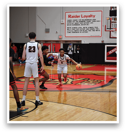A group of basketball players on a court, one of them is holding an orange ball. AI generated content