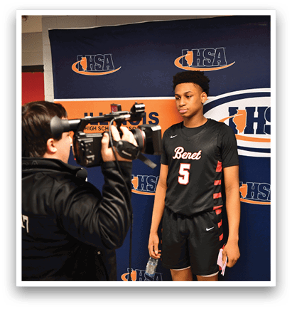 A man wearing a basketball jersey stands in front of a camera. AI generated content