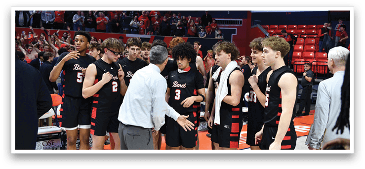 A group of young men in basketball uniforms are standing on a court, shaking hands with a man in a suit. AI generated content