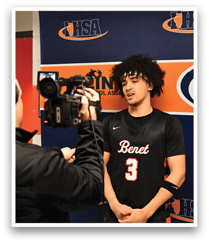 A man wearing a black shirt with the number 3 on it is being interviewed by a man with a camera. AI generated content