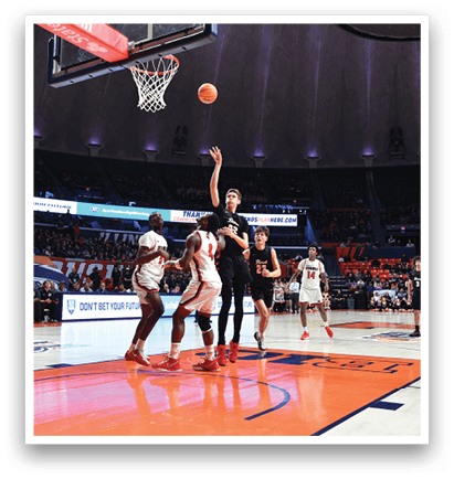 Basketball players on a court, one of them attempting to shoot the ball. AI generated content