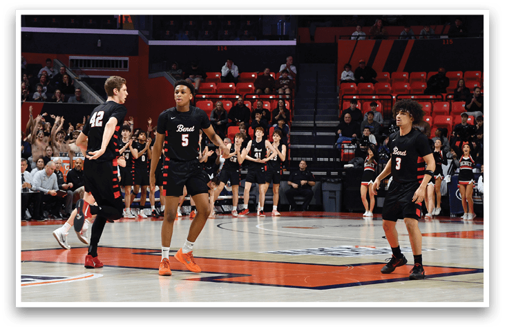Basketball players on a court with a crowd watching. AI generated content