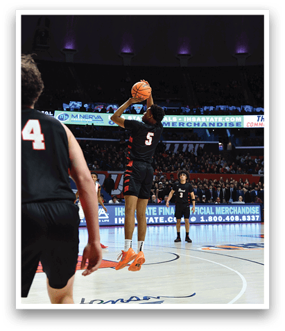 Basketball players on a court, one of them jumping to catch a ball. AI generated content