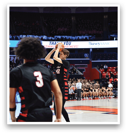 A basketball player is dribbling the ball while another player is attempting to block him. AI generated content
