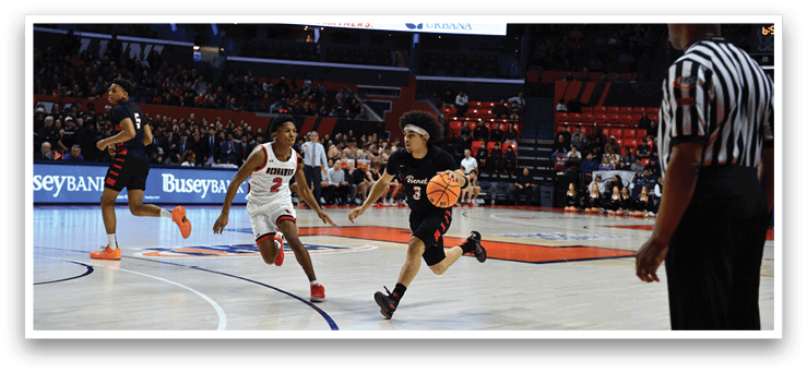 A basketball game is in progress with a player running down the court. AI generated content
