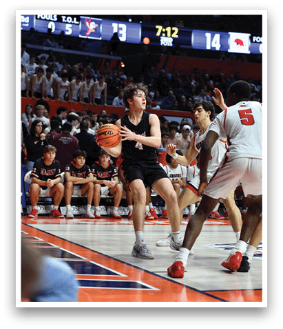 A basketball player is dribbling the ball while other players watch. AI generated content