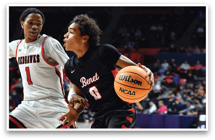 Two basketball players are playing on the court, one holding a basketball and the other trying to block him. AI generated content