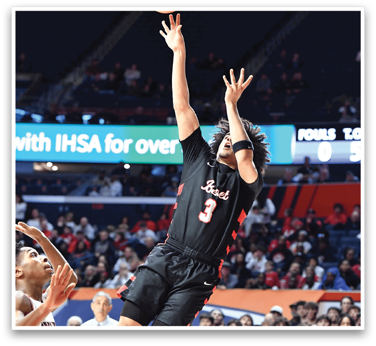 A basketball player leaps into the air to grab the ball. AI generated content