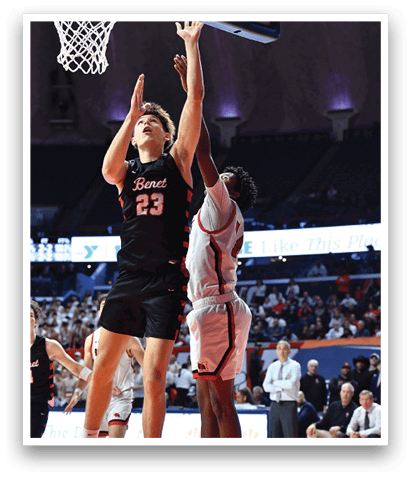 Two basketball players are leaping in the air to reach for the basketball. AI generated content