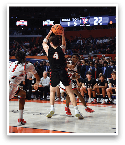 A basketball player is in the air, attempting to shoot the ball. AI generated content