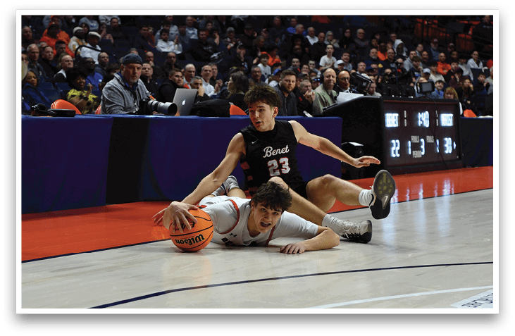 A basketball player is sliding on the floor while trying to reach the ball. AI generated content