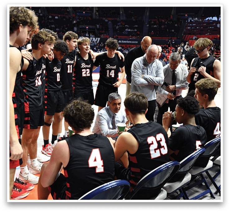 A group of basketball players are gathered on the court, listening to a coach. AI generated content