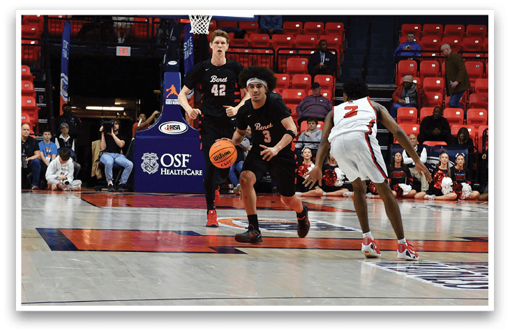 Basketball players on a court with a referee and a crowd watching. AI generated content
