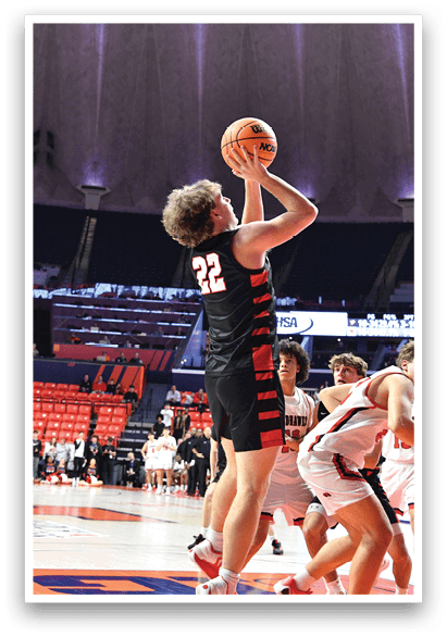A basketball player is jumping in the air to shoot the ball. AI generated content