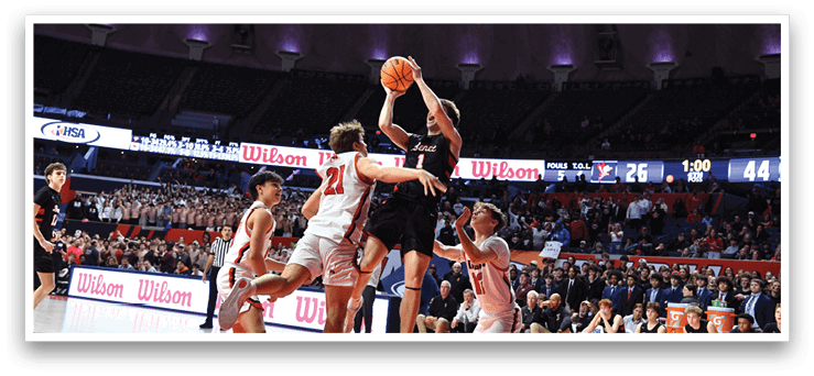 Basketball players on a court, one of them jumping to shoot the ball. AI generated content
