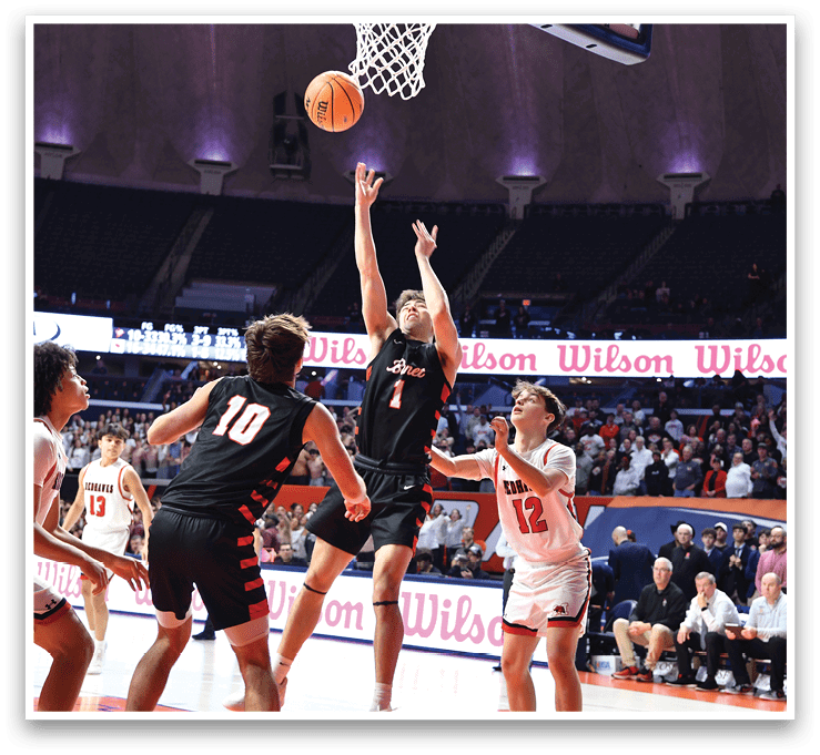 A basketball game is in progress with a player in the air attempting to score a basket. AI generated content